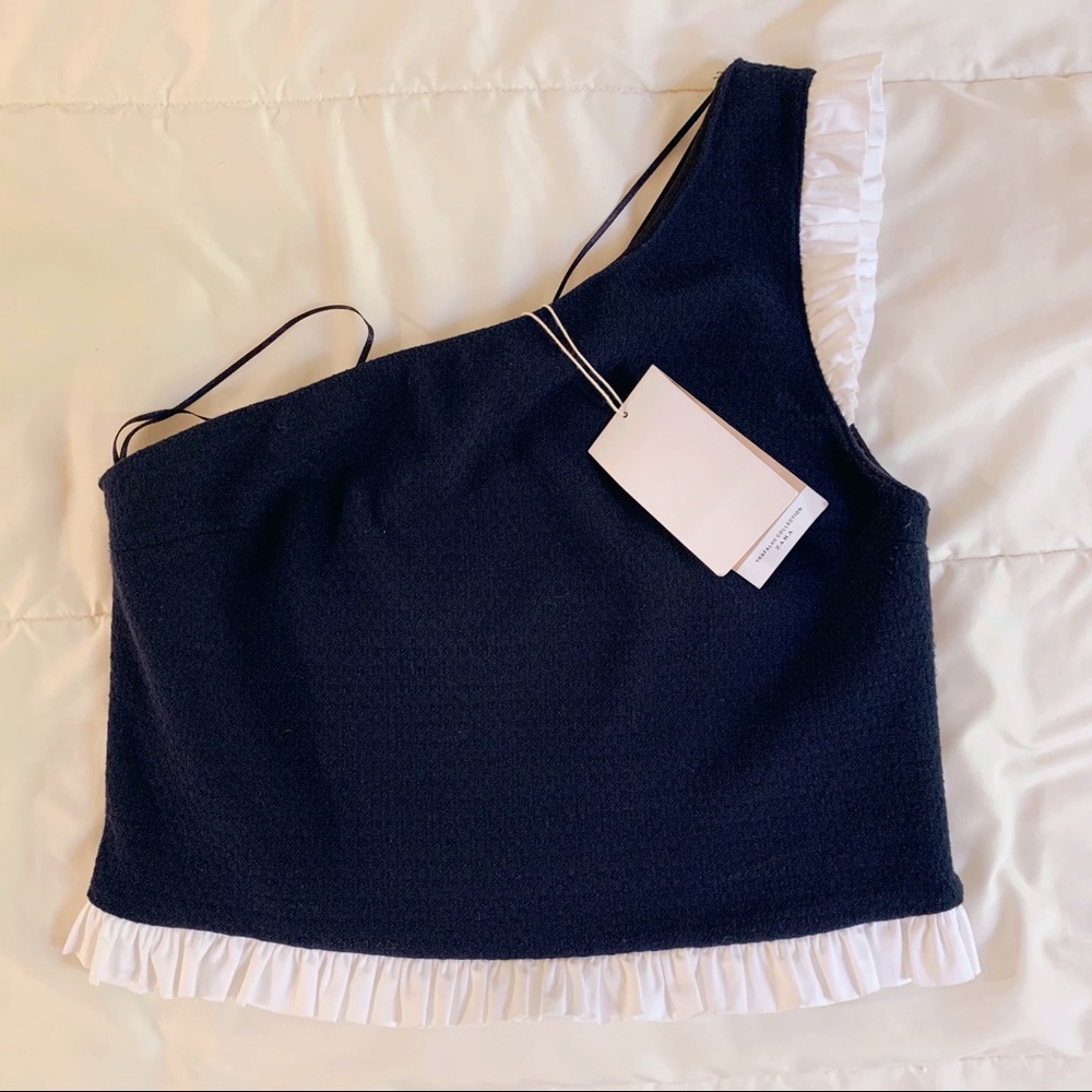 ZARA one shoulder navy blue and white ruffles top